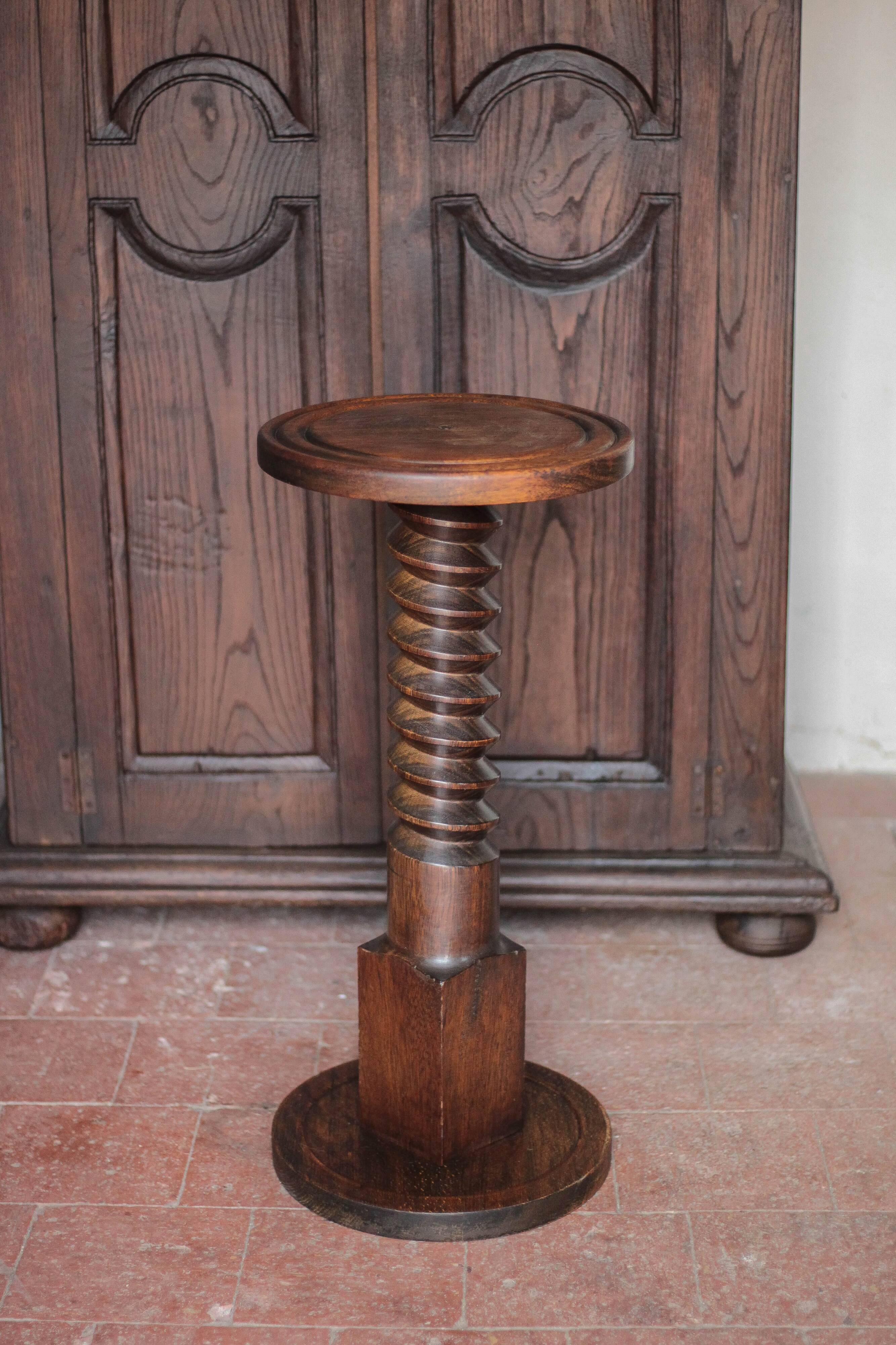 Vintage column, press screw column, wooden saddle, turned wooden foot