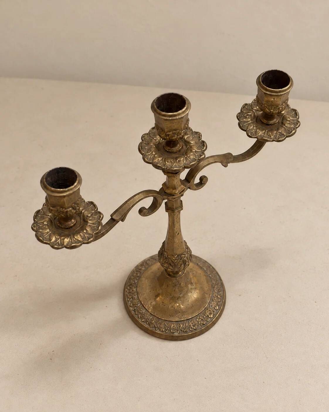 Three-light candelabrum in brass — France, 20th century