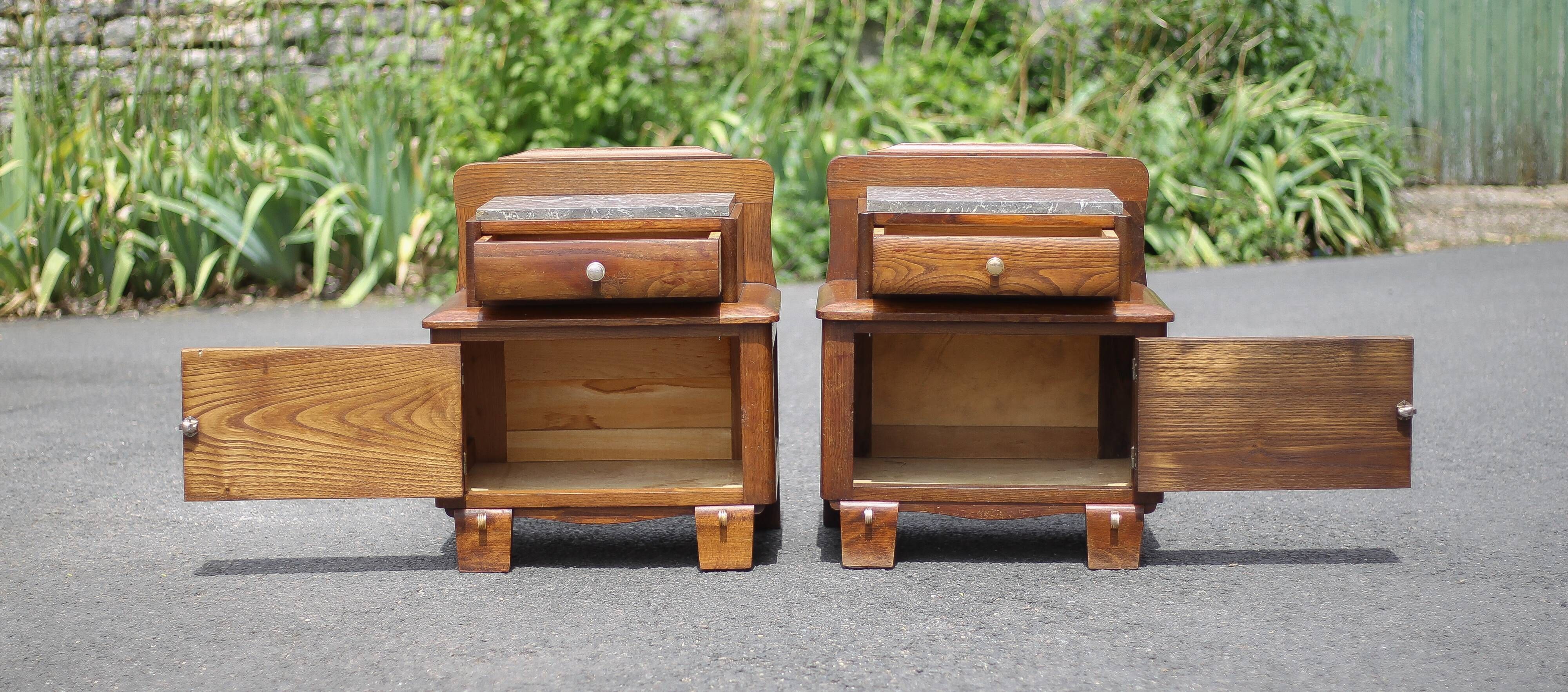 Pair of wooden nightstands, art deco style wooden bedside table, wood and marble table