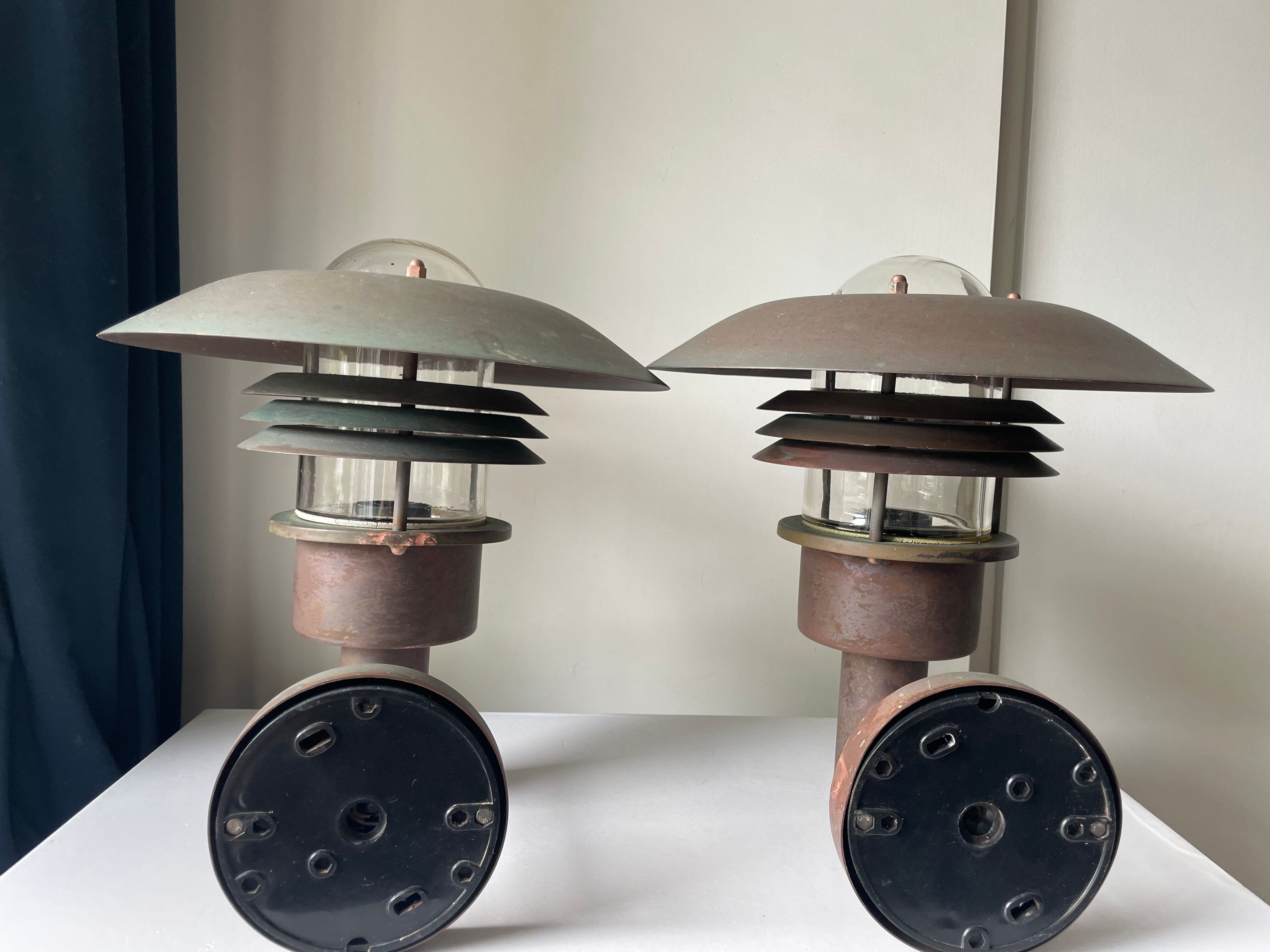 Pair of classic danish vintage  outdoor wall lamps in copper