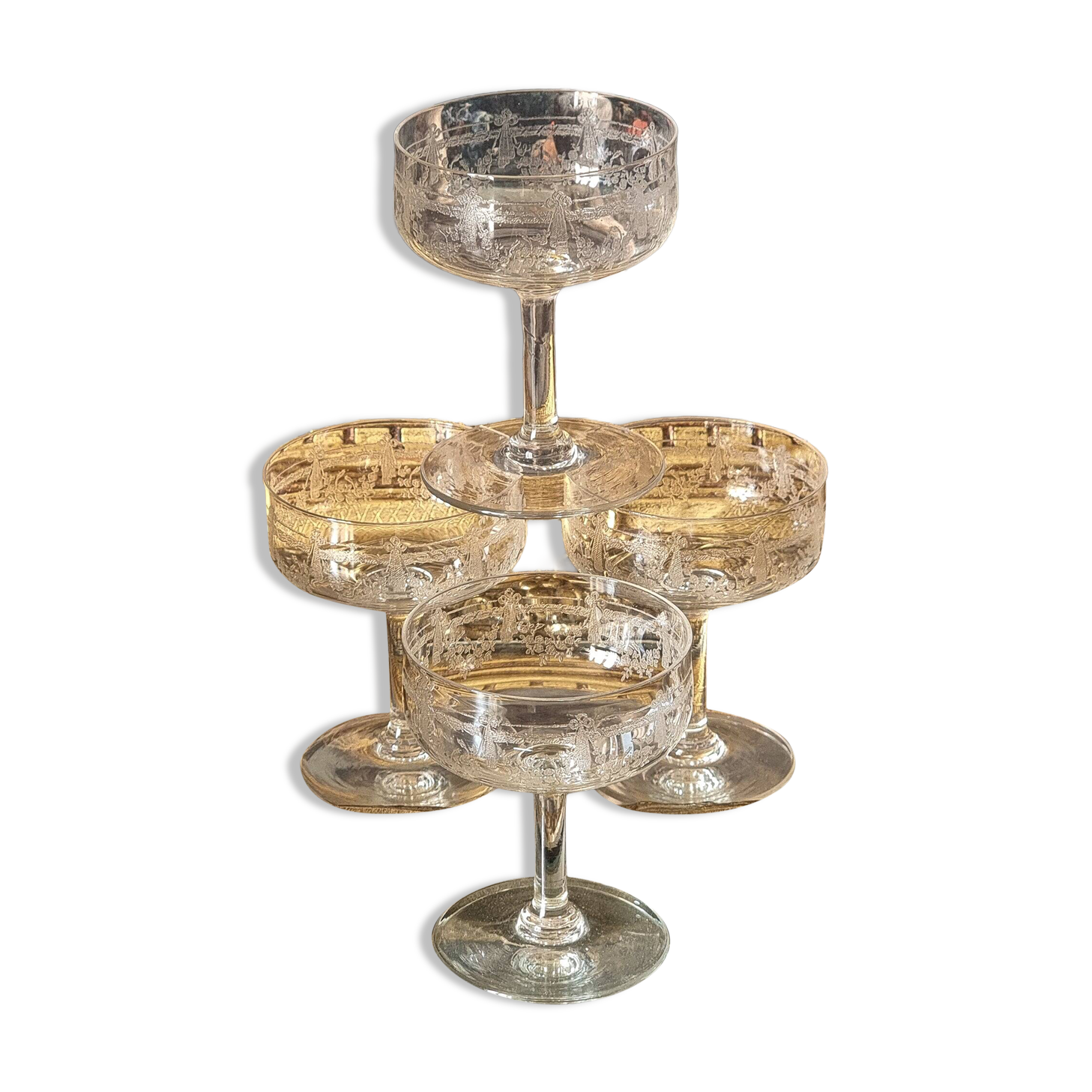 Engraved crystal champagne coupes