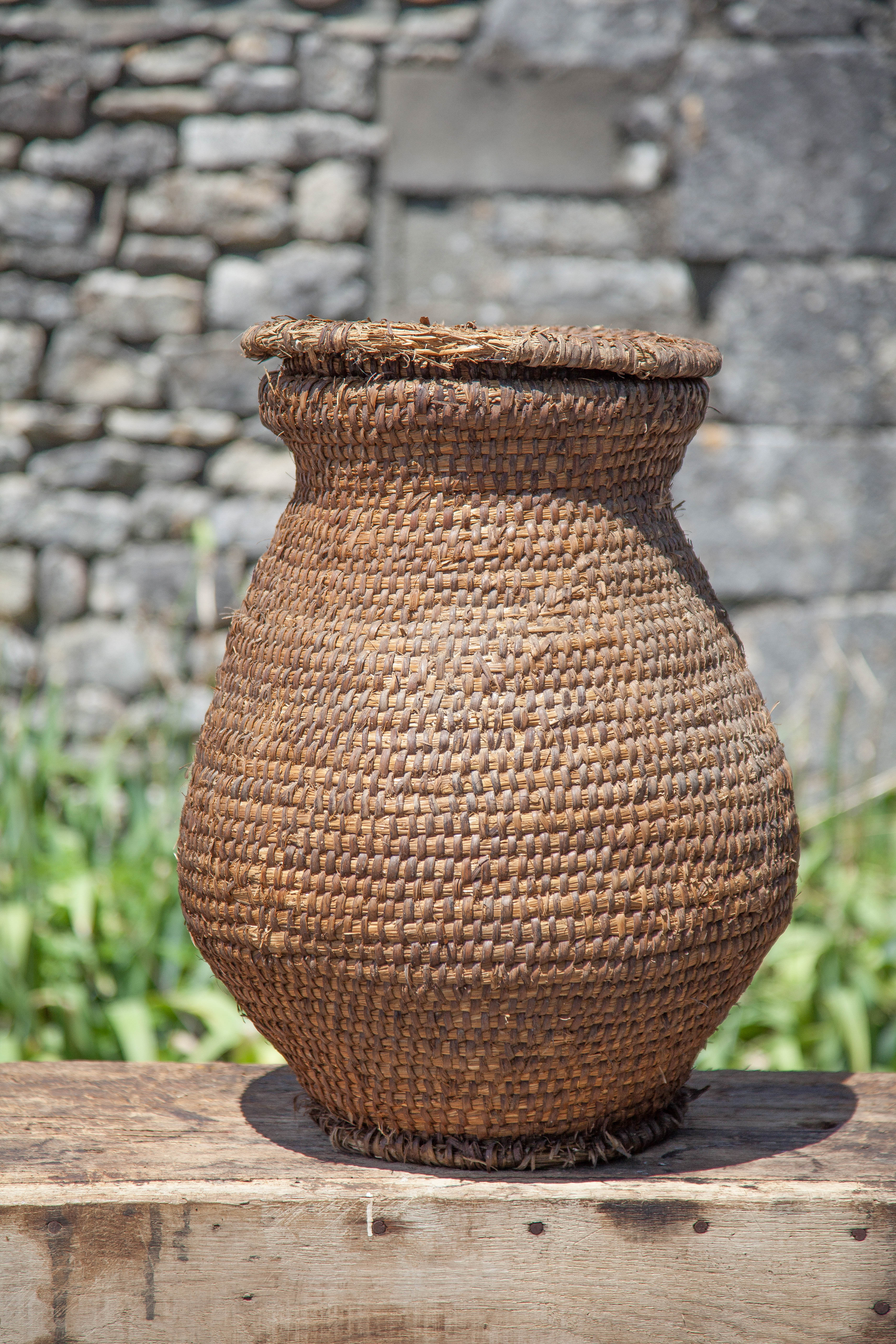 Old basket, burgundy straw and bramble with lid, woven basket