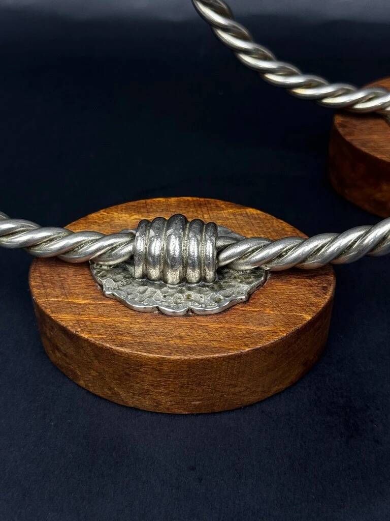 Pair of vintage candle holders in twisted wood and metal – Scandinavian design