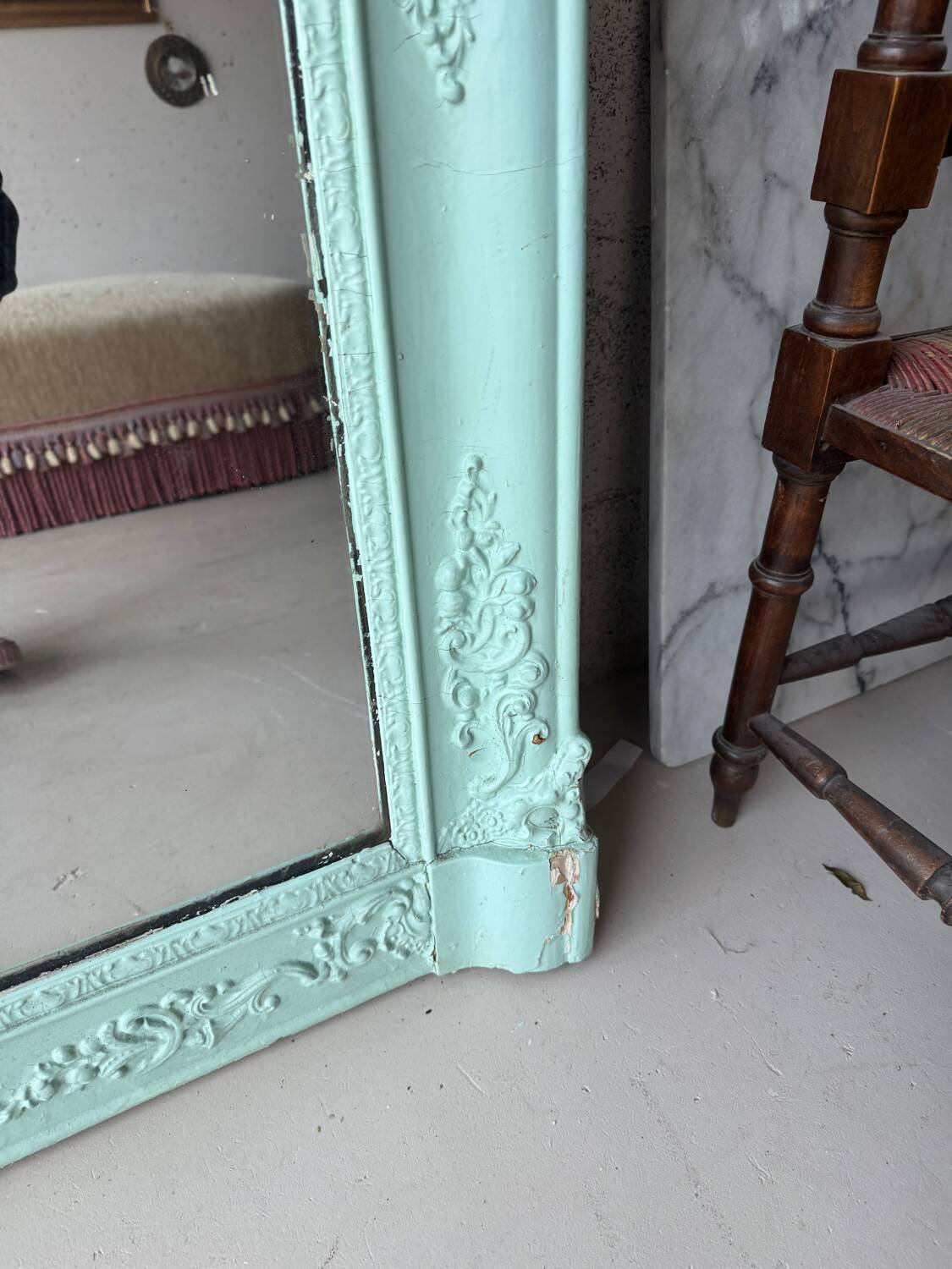 Large antique mercury mirror, patinated blue sculpted frame.