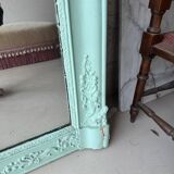 Large antique mercury mirror, patinated blue sculpted frame.