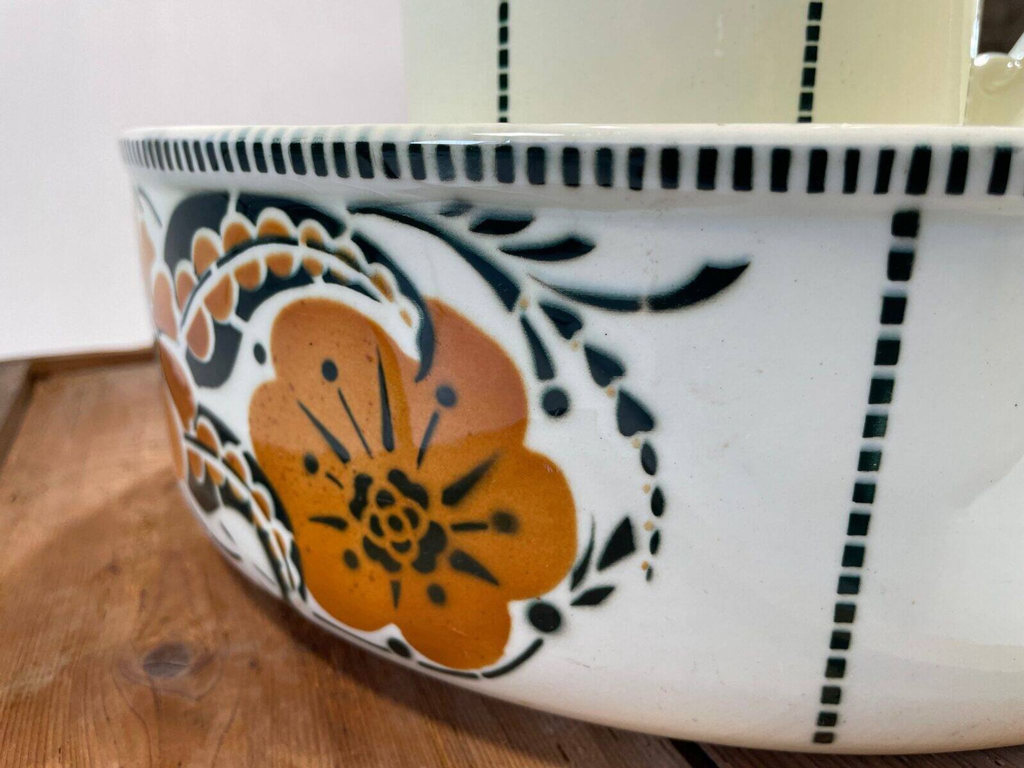 Antique bowl and basin from Saint-Amand, decorated earthenware, 1920s