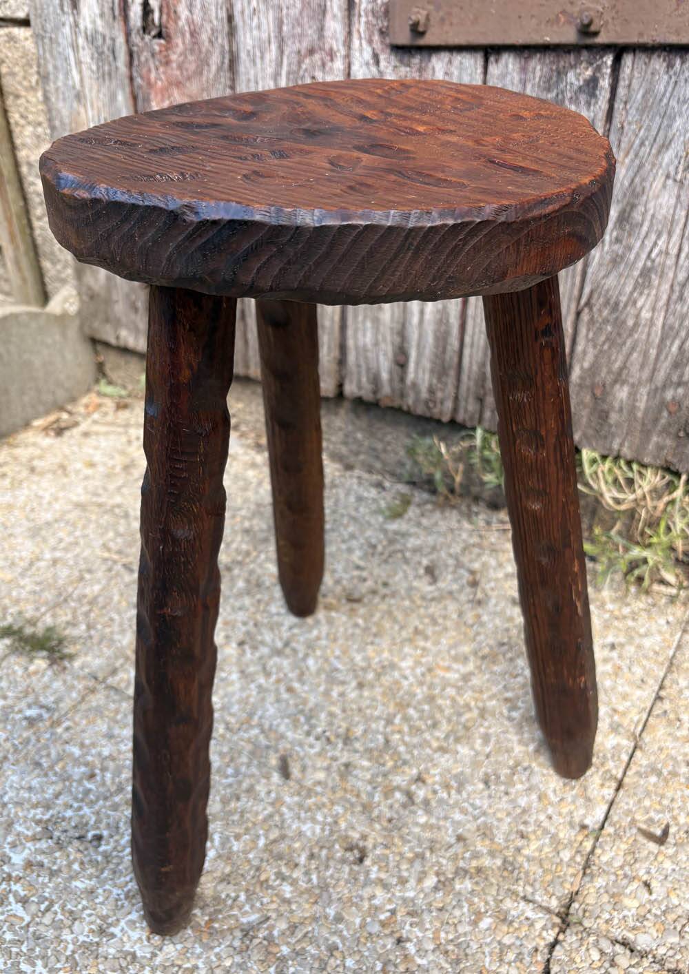 Rustic Tripod Stool in Solid Wood, Brutalist Style, Early 20th Century