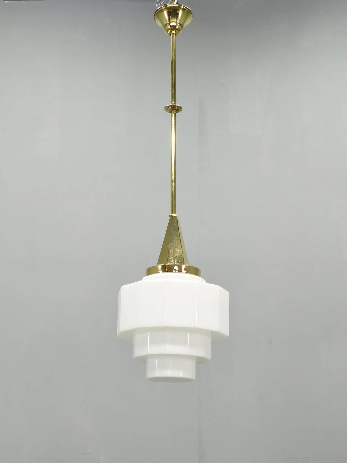 Art Deco Brass Pendant with Geometric Opaline Glass, Czechoslovakia 1930s