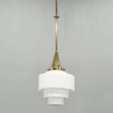 Art Deco Brass Pendant with Geometric Opaline Glass, Czechoslovakia 1930s