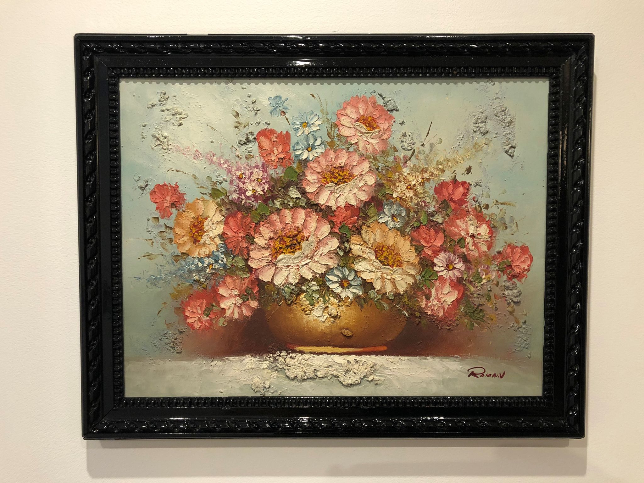 Ancient painting signed romain of a bouquet of flowers in a vase