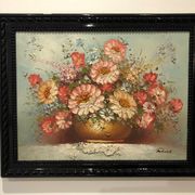 Ancient painting signed romain of a bouquet of flowers in a vase
