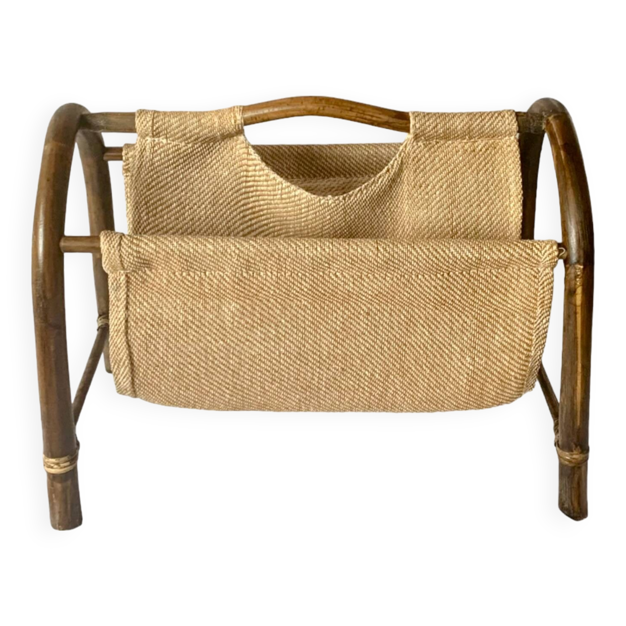 Vintage bamboo and fabric magazine rack