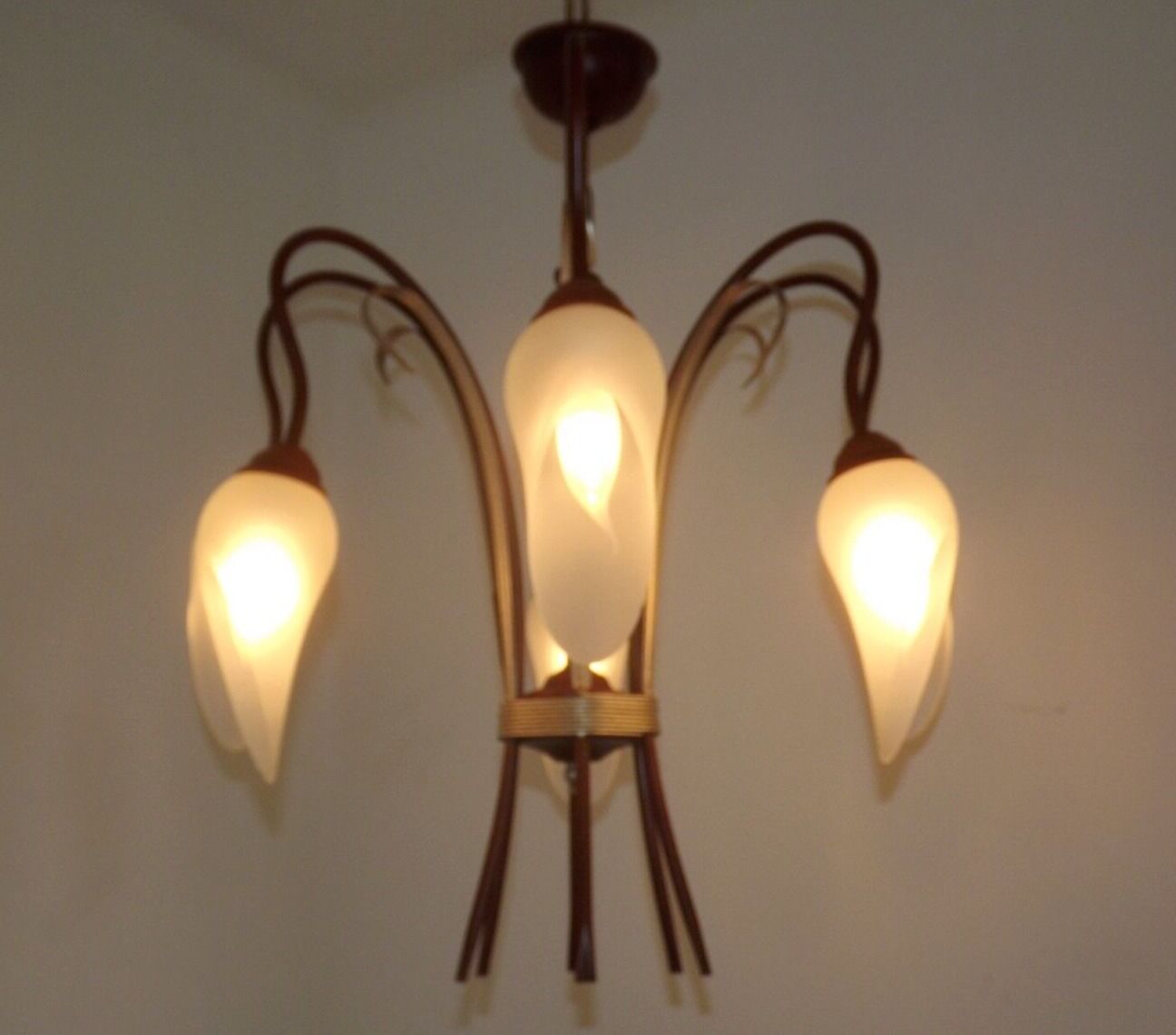 French vintage 6 arm brown & silver toleware chandelier opaque glass shades 3861