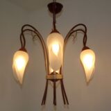 French vintage 6 arm brown & silver toleware chandelier opaque glass shades 3861