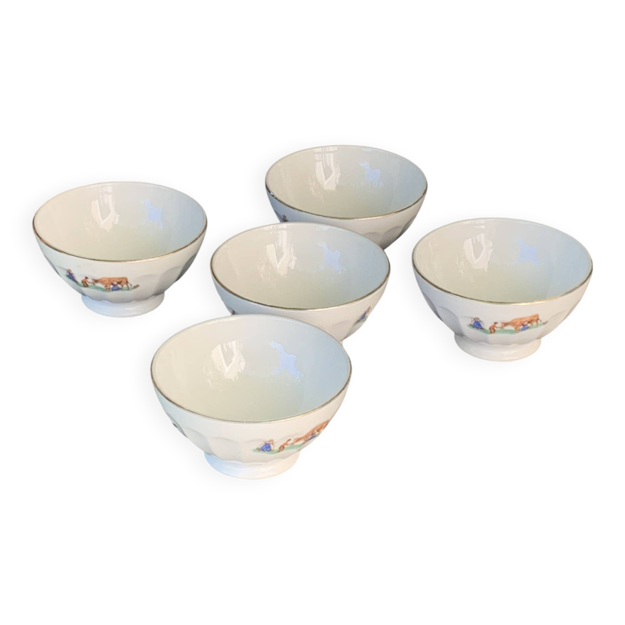 Set of 5 faceted white earthenware bowls with a naive decor, antique