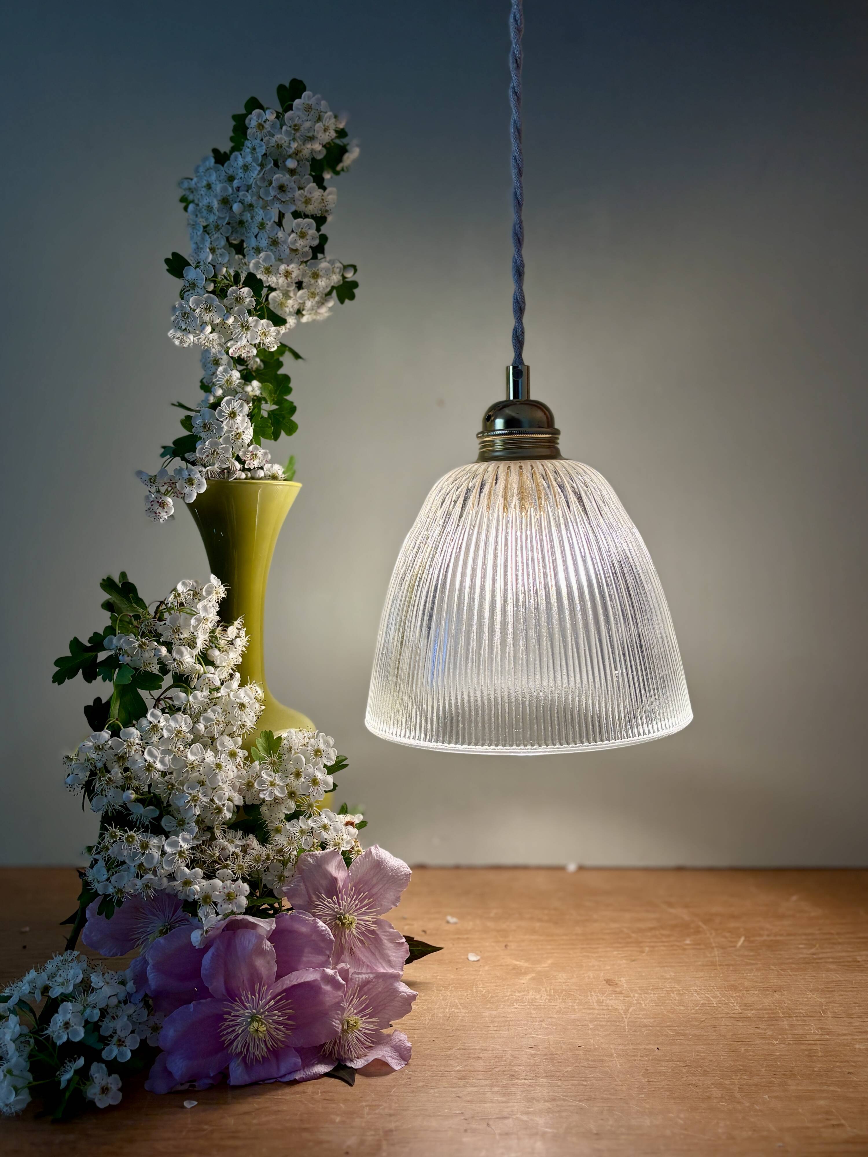 Vintage tulip pendant light in ribbed glass