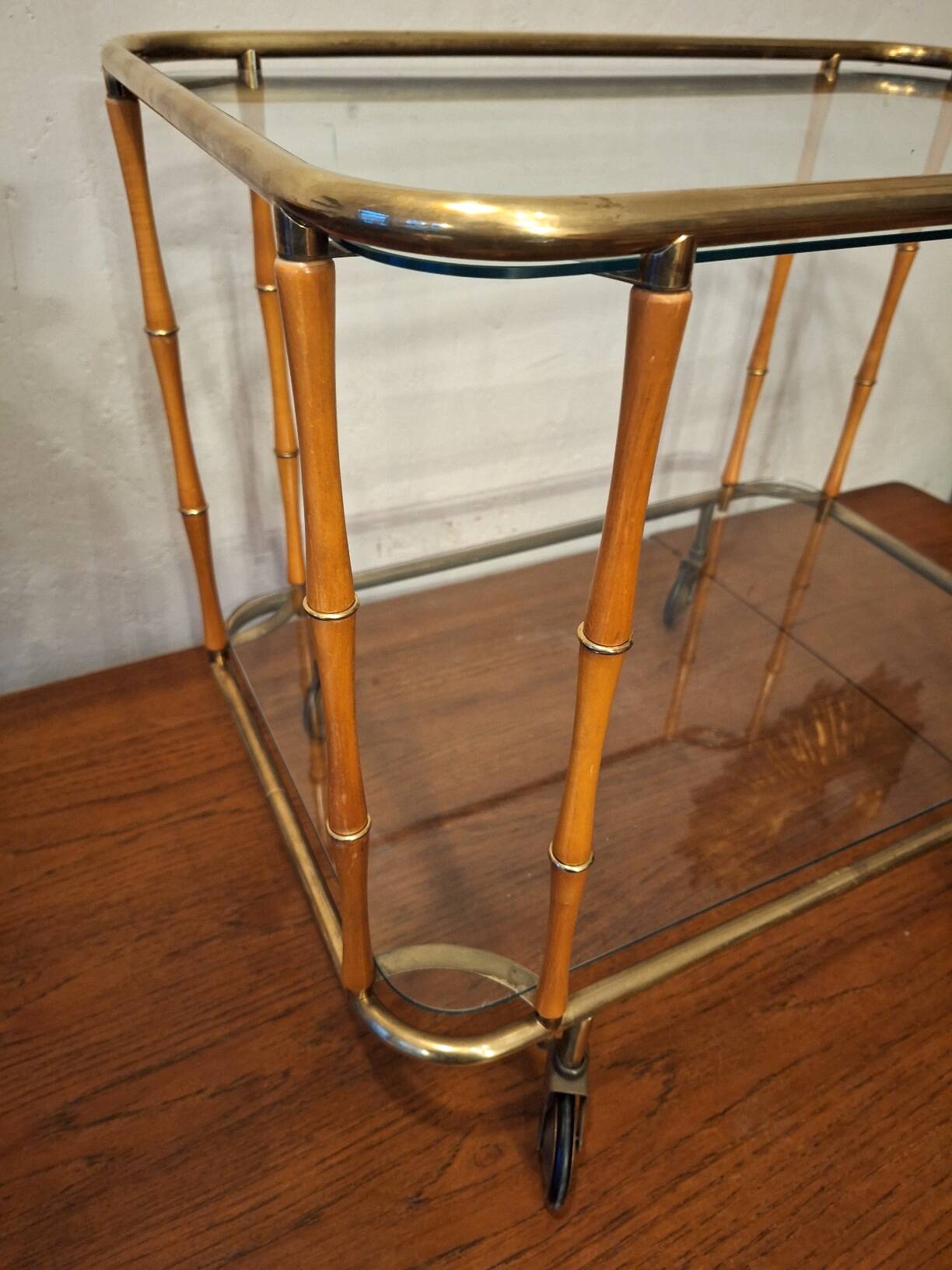 Faux bamboo cocktail trolley bar cart attr. Maison Jansen, France 1950s-60s