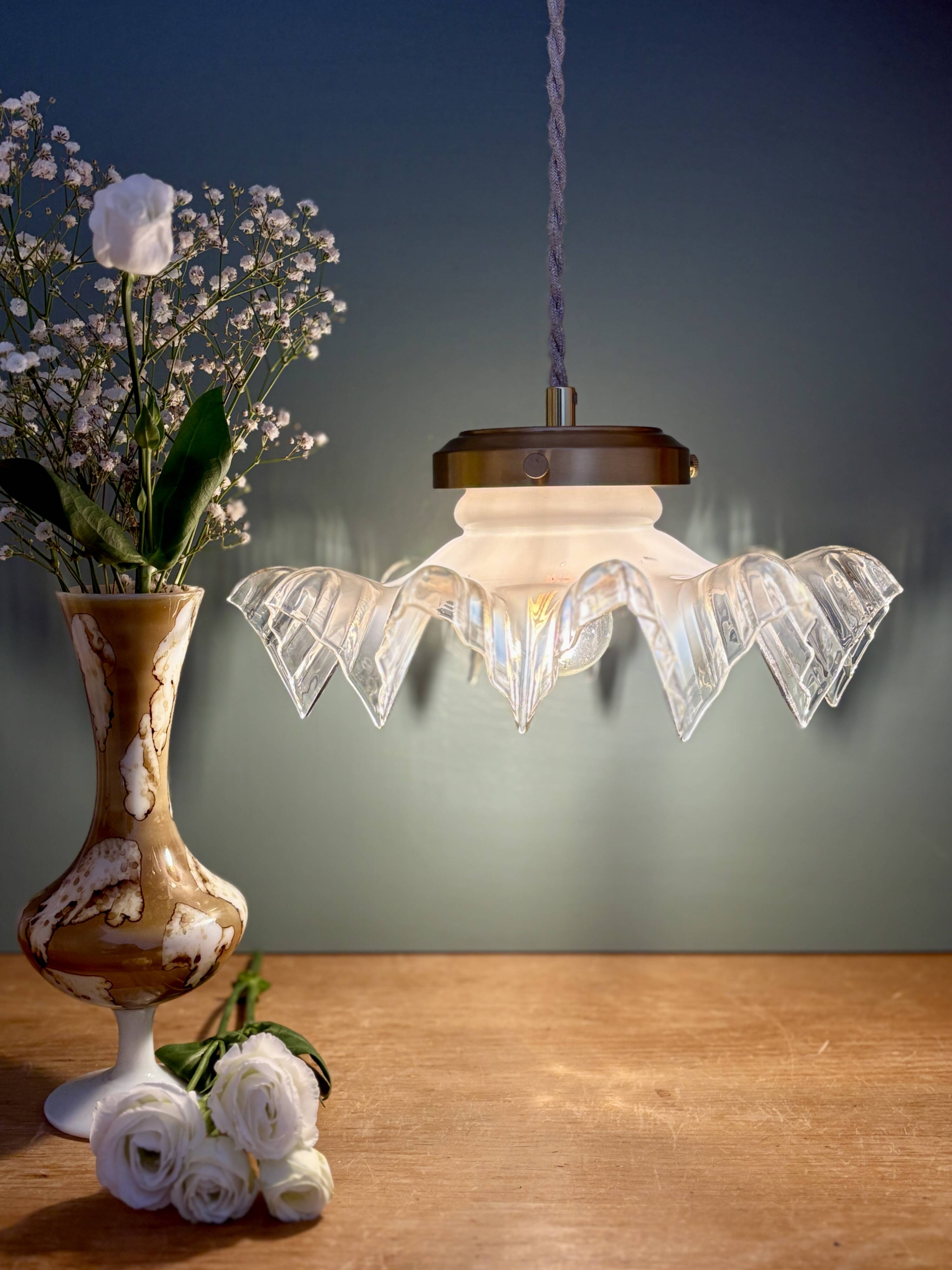 Vintage lace glass pendant lampshade, half white, half transparent