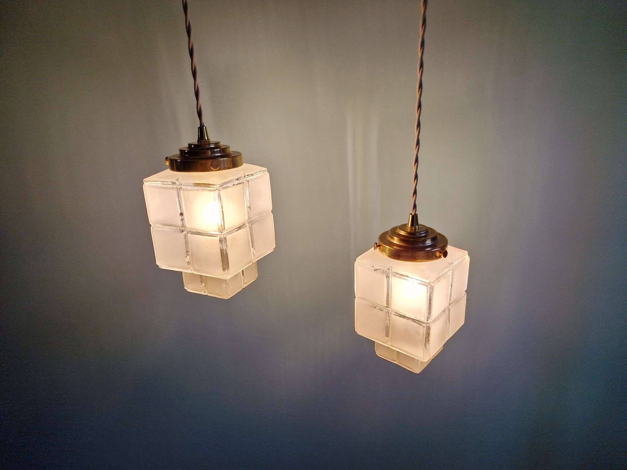 Pair of Art Deco Skyscraper satin glass pendant lights, 1930s
