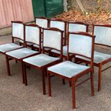 8 chaises scandinaves en teck massif et velours bleu des années 1960