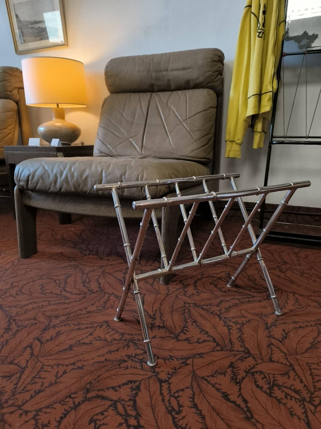 Chrome-plated brass magazine rack circa 1970