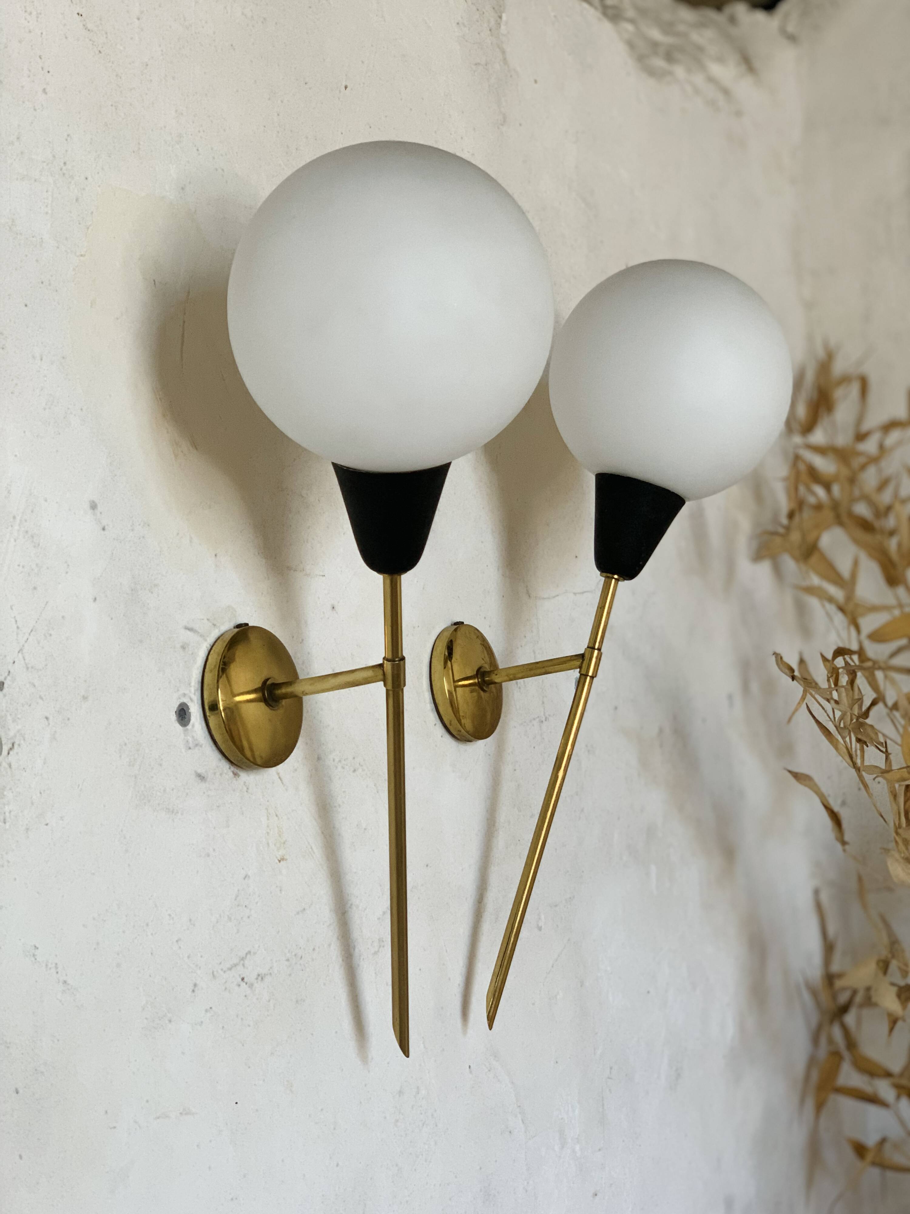 Pair of vintage brass and opaline wall lights