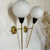 Pair of vintage brass and opaline wall lights