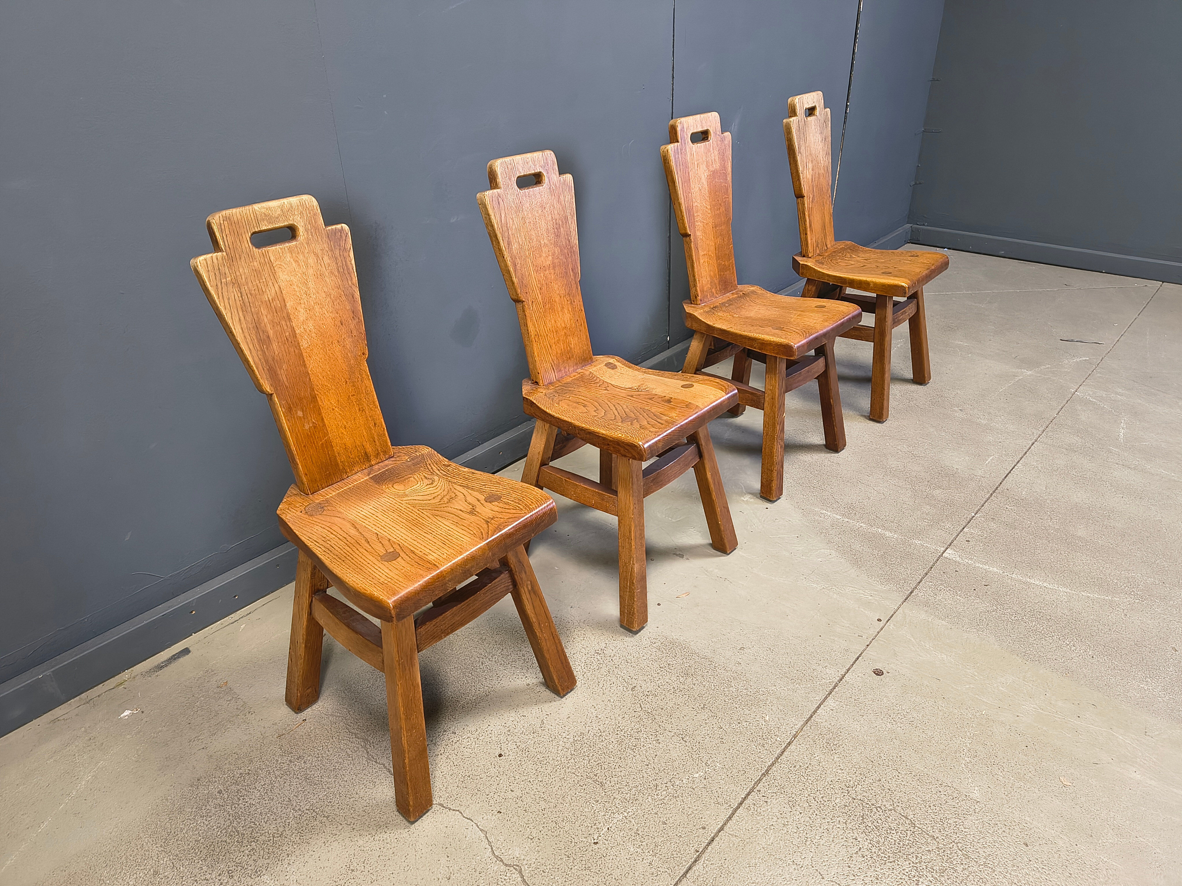 Vintage oak brutalist chairs, 1970s set of 4
