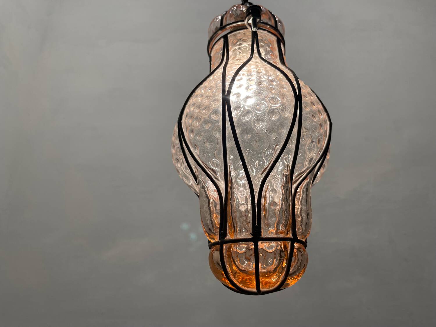 Pink Murano Glass Wrought Iron Light Pendant 1970’s