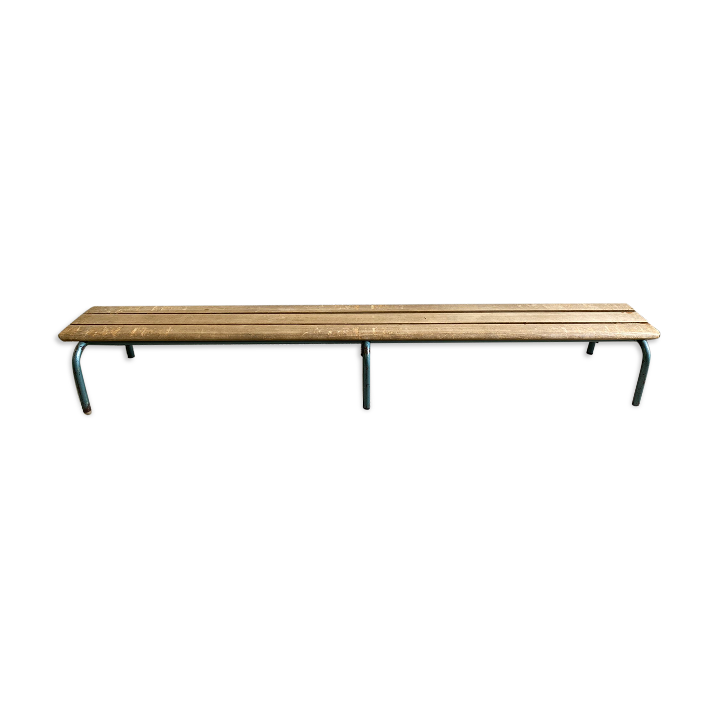 Vintage wood kindergarten bench and tubular structure in Long lacquered metal. 2m / High. 25 cm