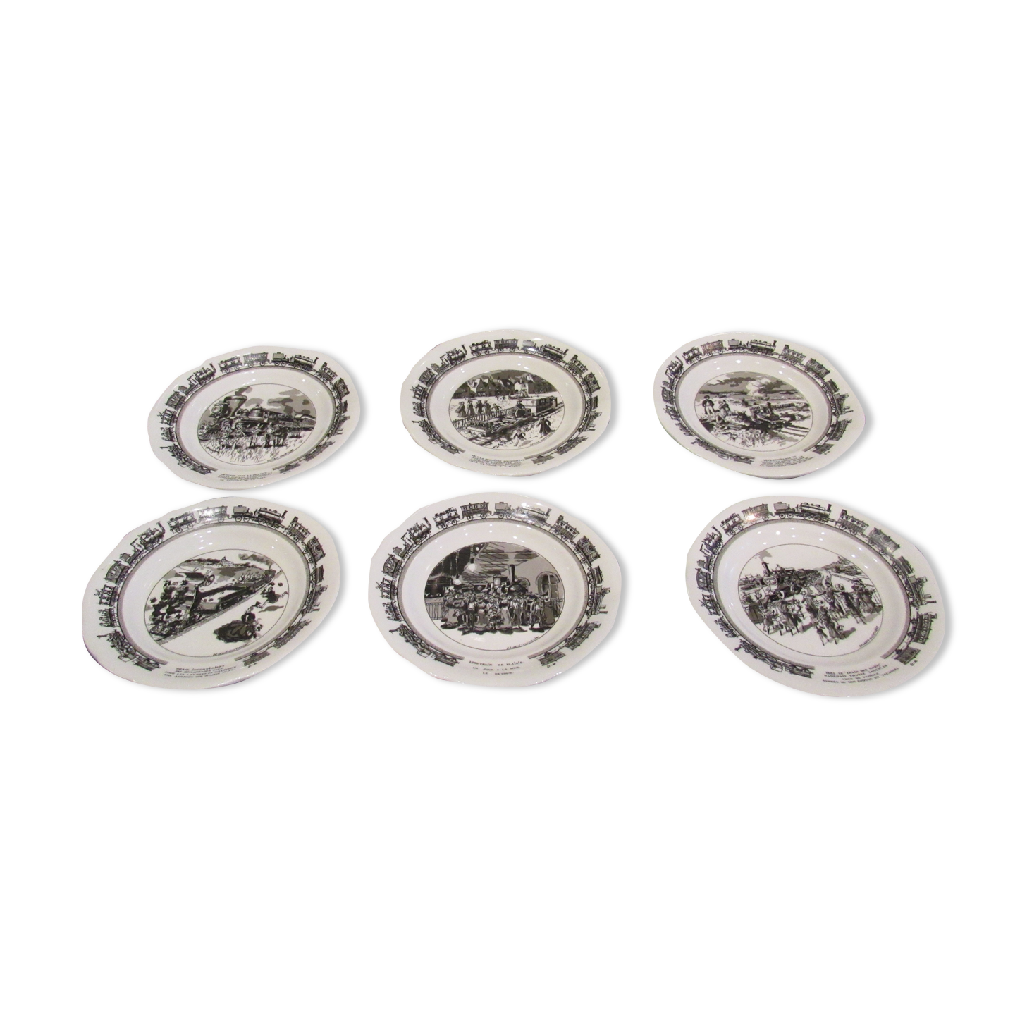 Set of 6 humorous plates on the Train Delarue-nouvellière Gien