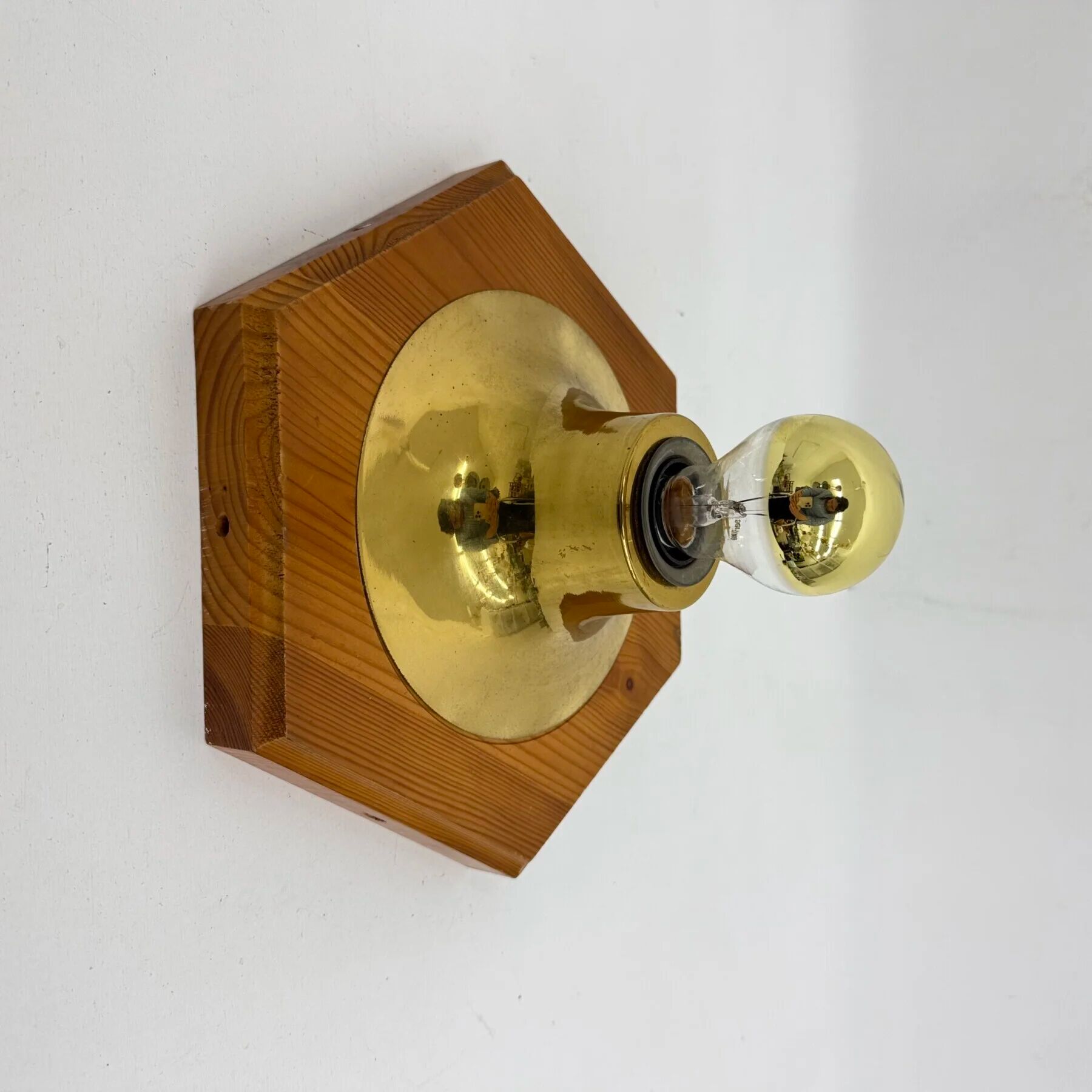 Vintage hexagonal wall lamp with pine wood and brass, 1970s