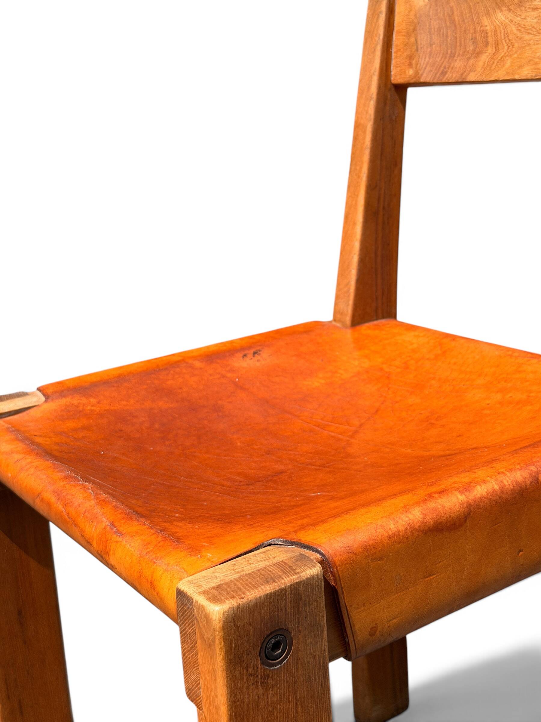 Chair S24 Pierre Chapo - Solid Elm & Cognac Leather Brutalist