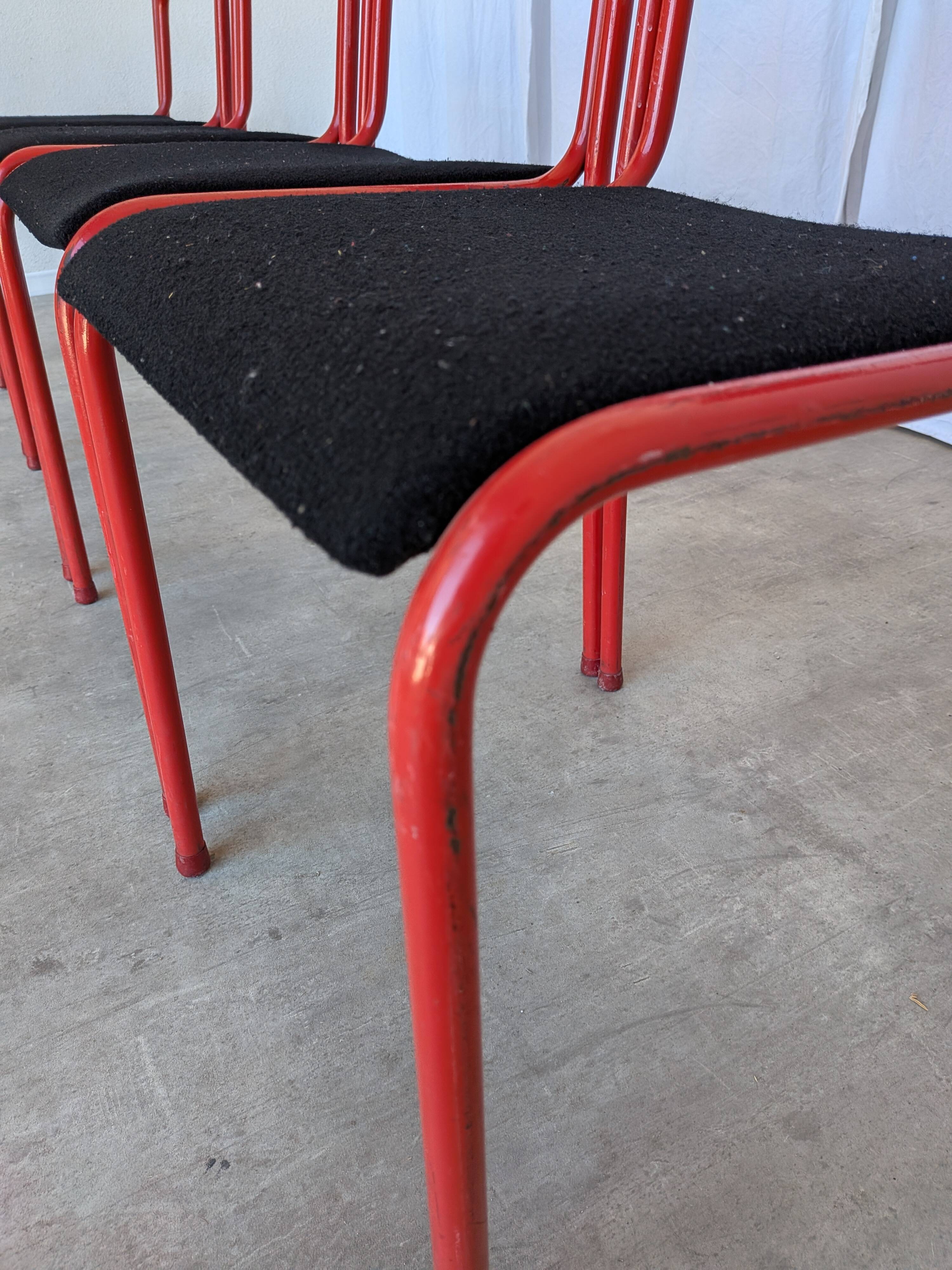 Set of 4 1970s Red & Black Metal Chair: Space Age Stackable Dining Chair