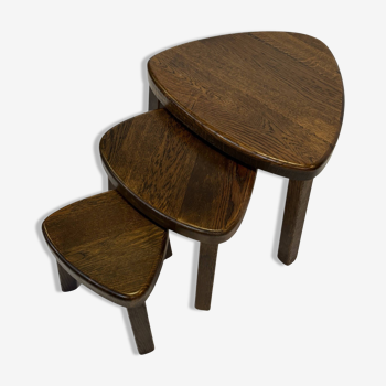 Set of 3 brutalist oak oval side or nesting tables 1970s