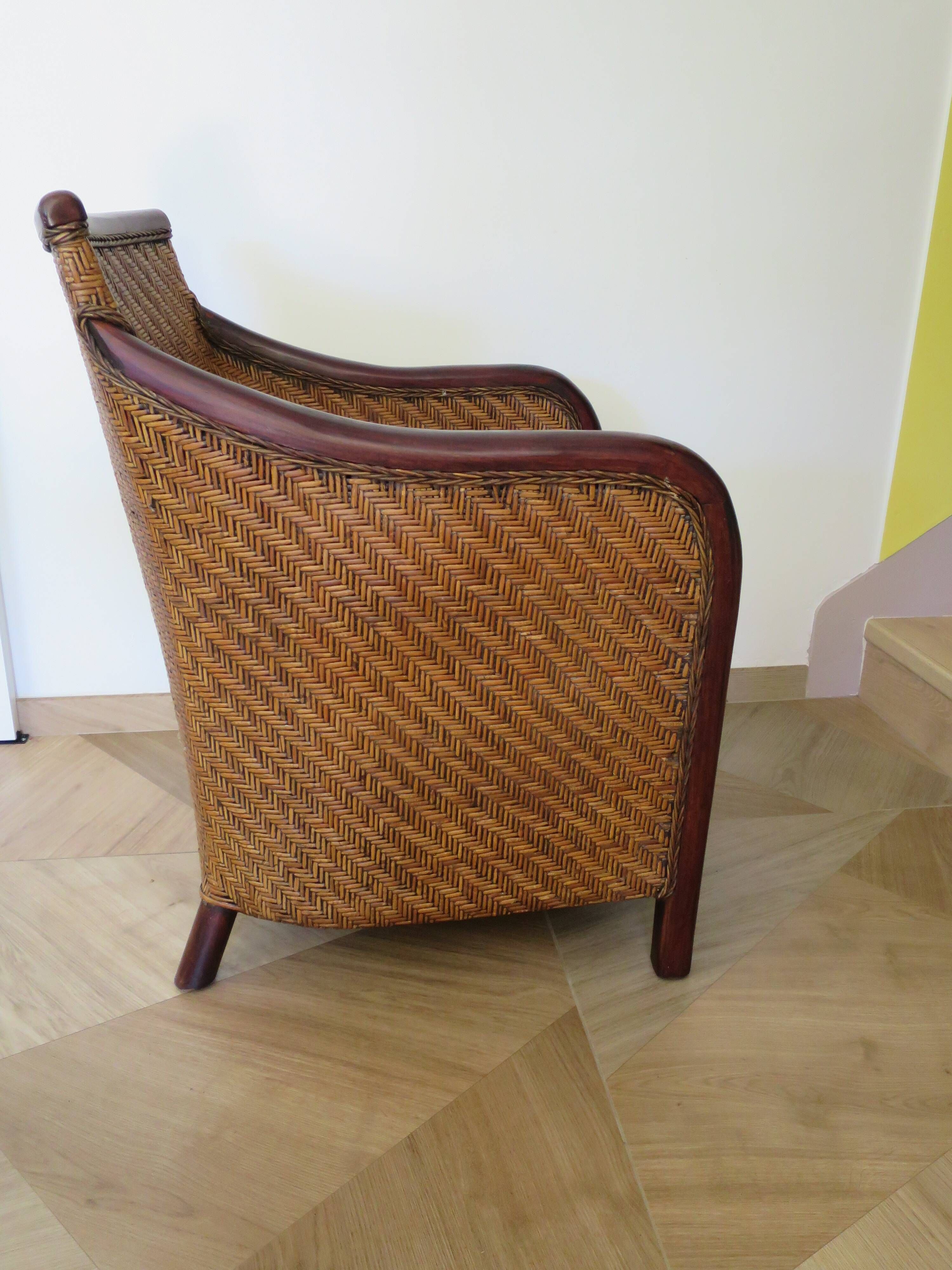 Colonial style armchair - woven rattan and exotic wood - vintage