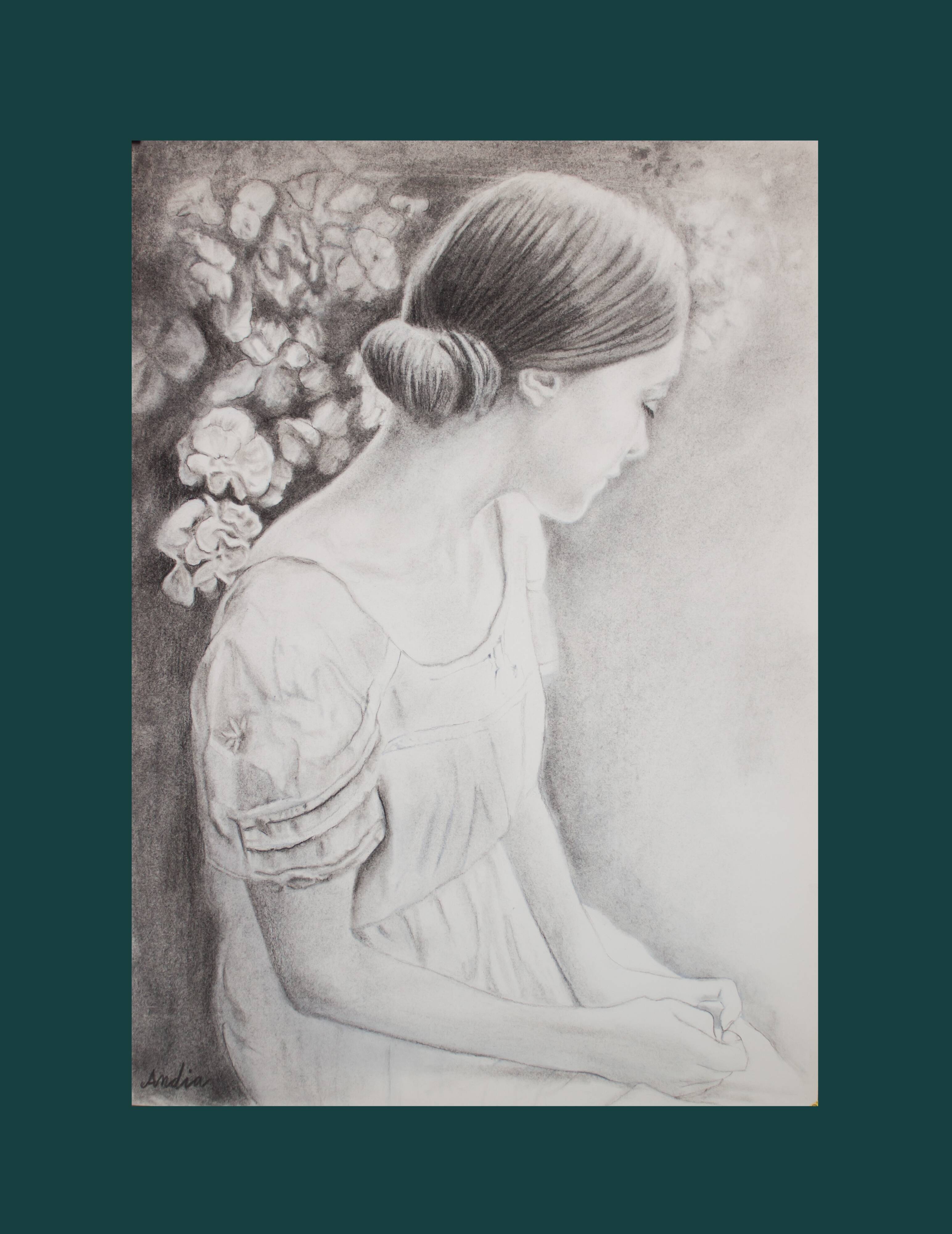 Charcoal drawing representing a young woman. Carbon paint.