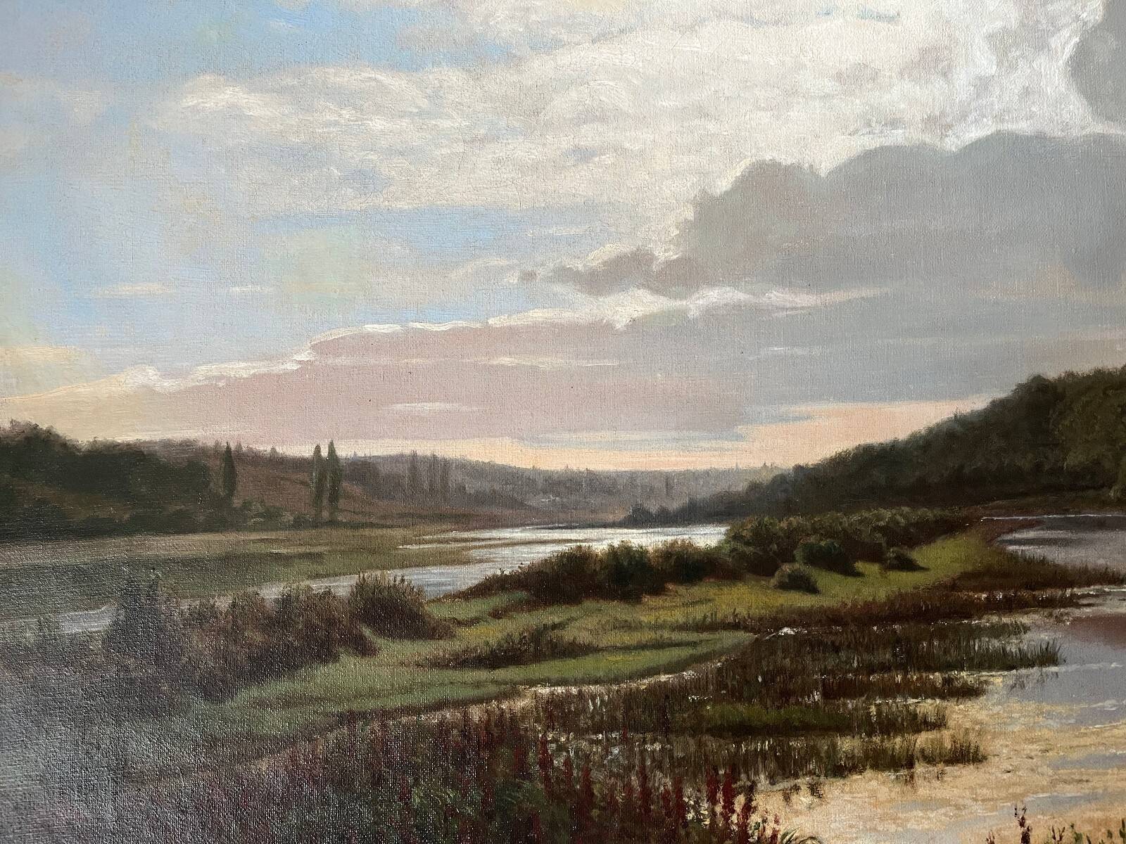 Large painting dated 1872 "Landscape with village by the river" signed