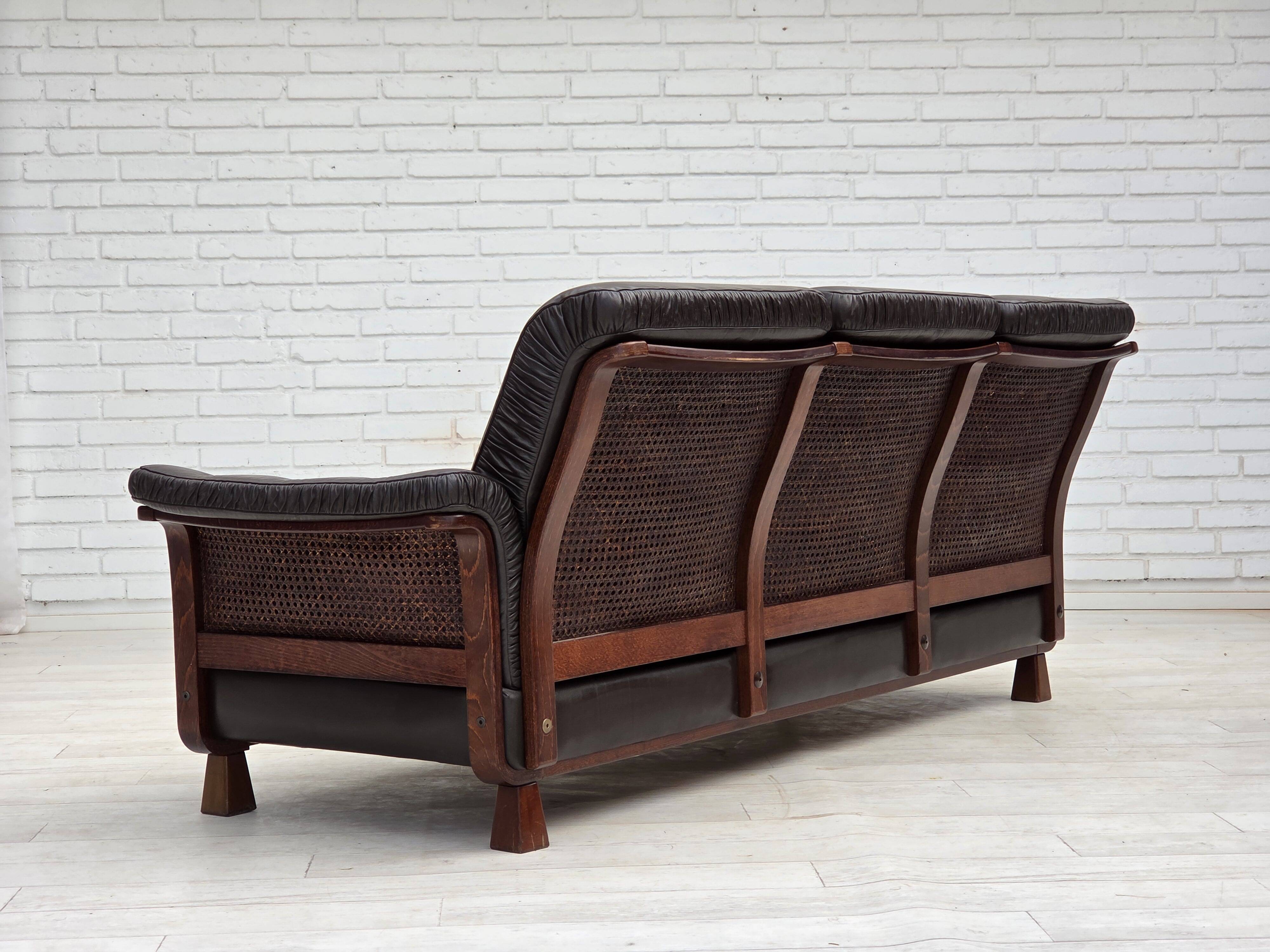 1970s, Scandinavian 3-seater sofa, furniture leather, teak wood legs.
