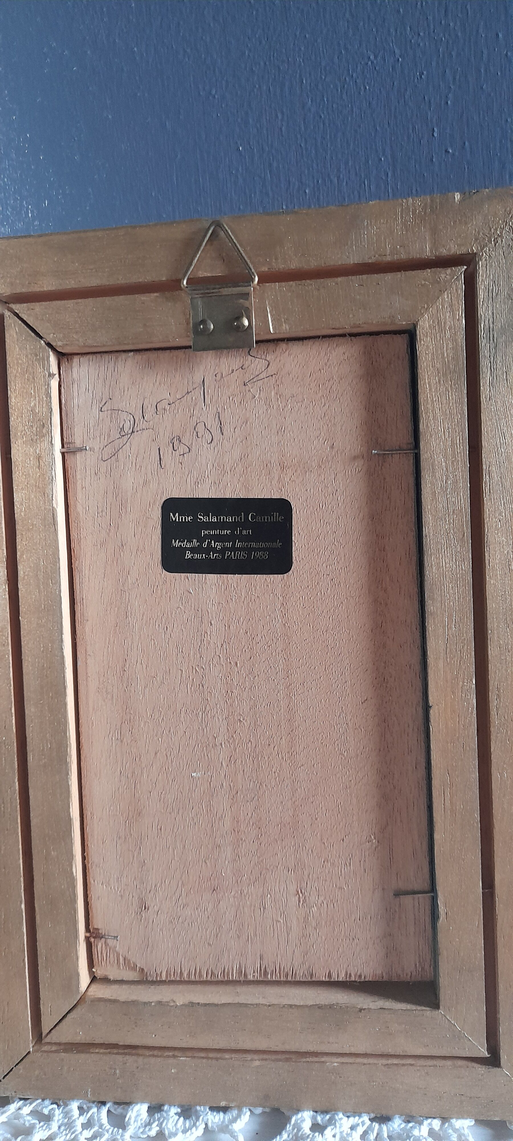 Oil painting boat on river, mist, tree, gilded wood frame 15.5x23.5 cm, signed