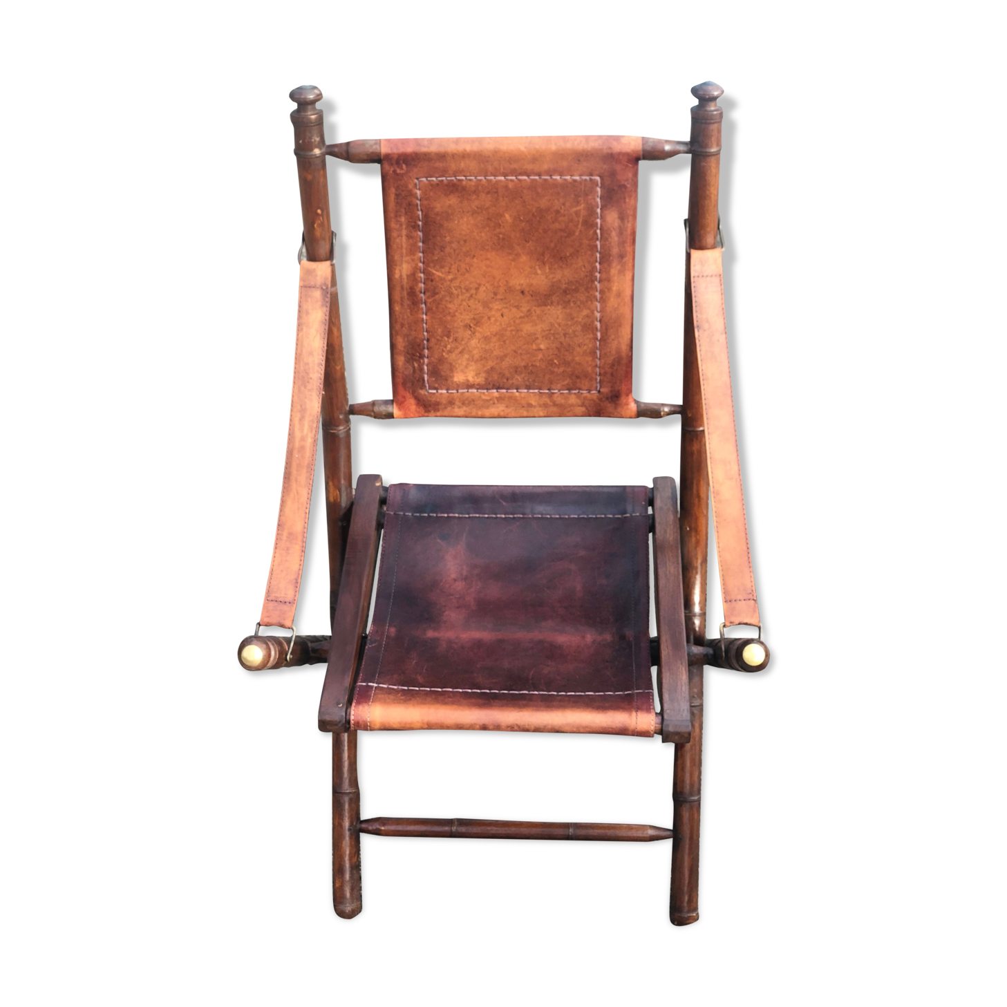Boat chair folding in leather, bamboo and brass, 1930s