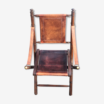 Boat chair folding in leather, bamboo and brass, 1930s