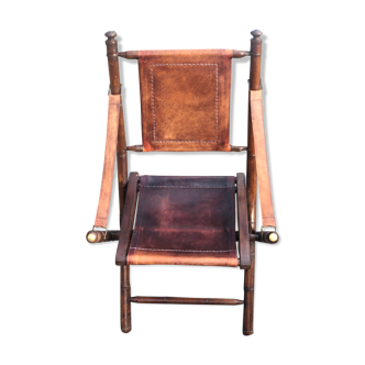 Boat chair folding in leather, bamboo and brass, 1930s