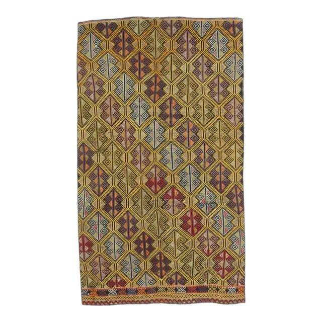 Yellow Handwoven Vintage Turkish Wool Flatweave Kilim Rug 118x200