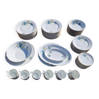 Service vaisselle porcelaine Bareuther, 75 pièces décor aux myosotis