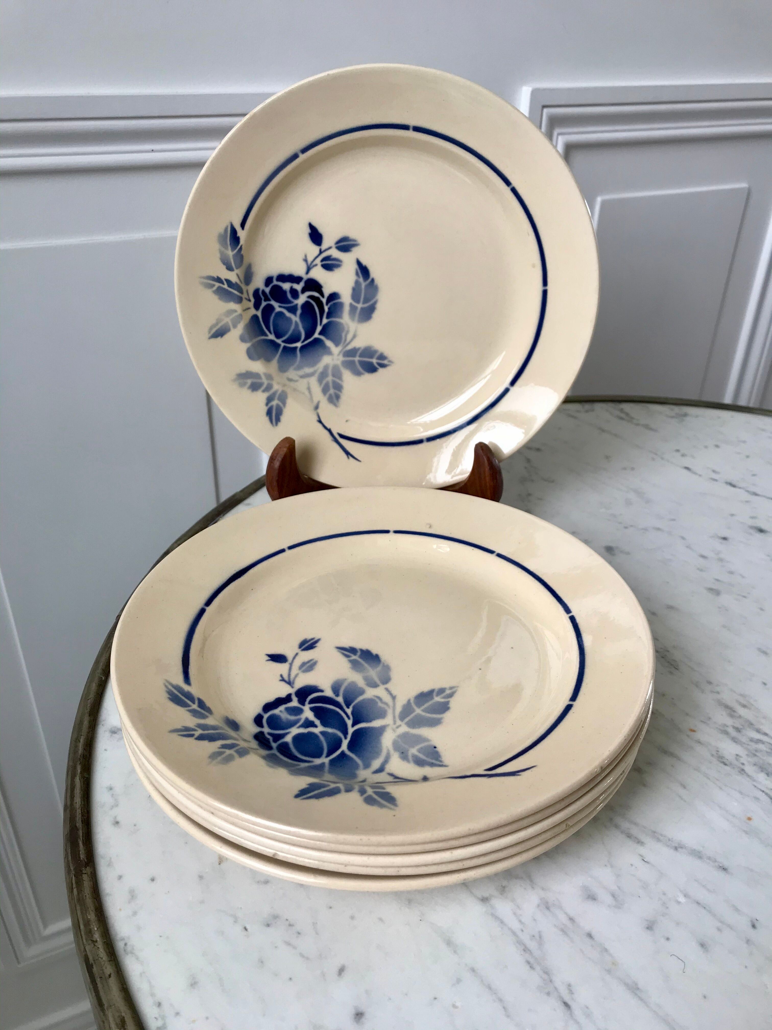 Set of 6 dessert plates blue flowers saint-amand 30s-40s
