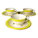 3 Gien earthenware cups and saucers decorated with flowers