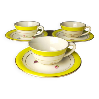 3 Gien earthenware cups and saucers decorated with flowers