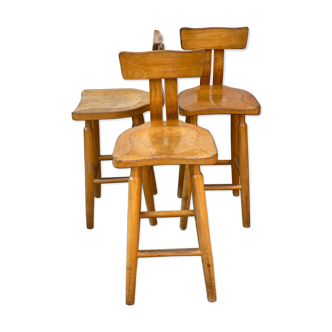 Trio of bent pinewood bar stools