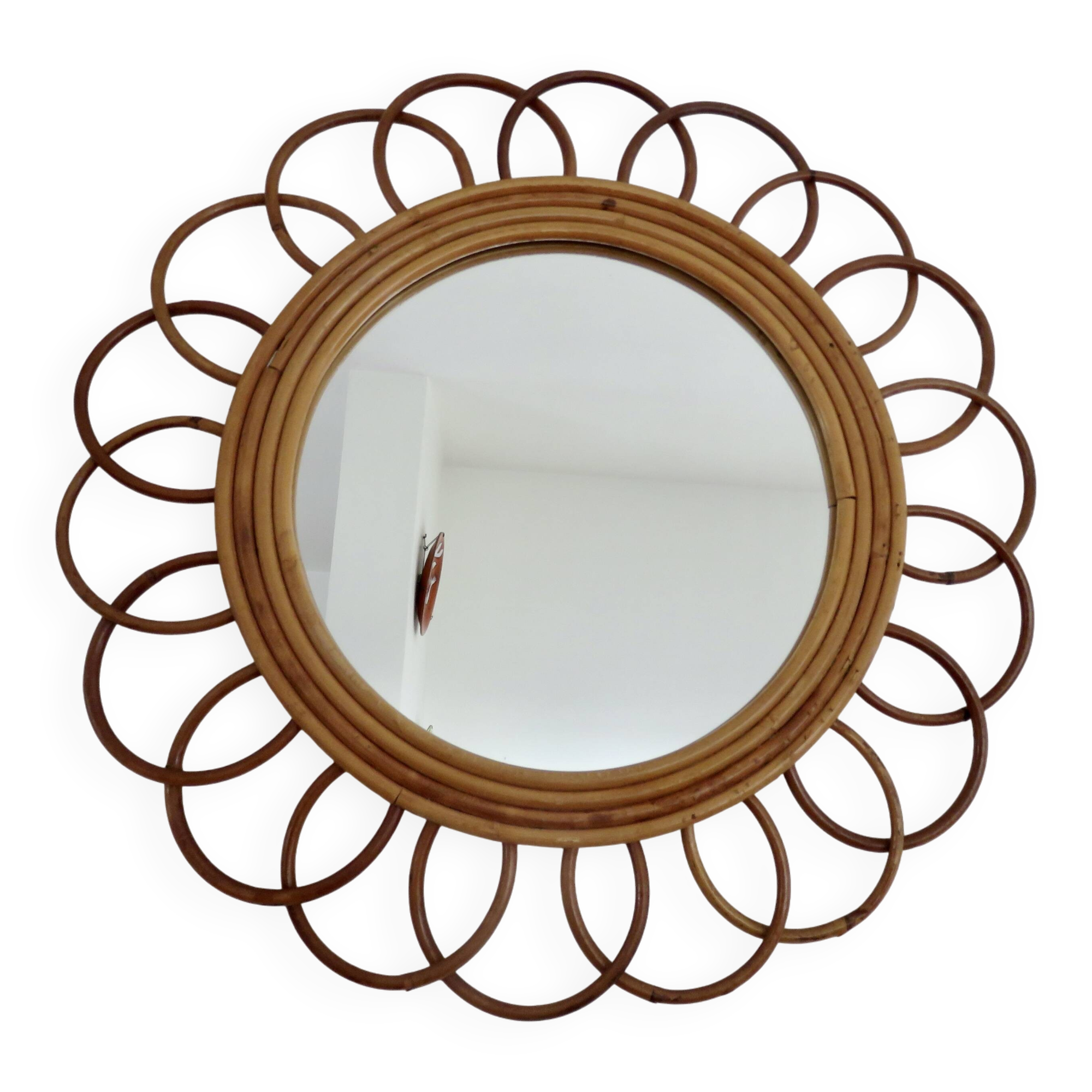 Authentic "flower" mirror in rattan and bamboo, 1960s 70s.